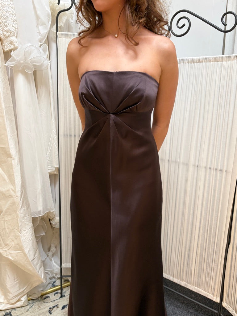 Vintage 90s Shelli Segal brown satin strapless evening gown