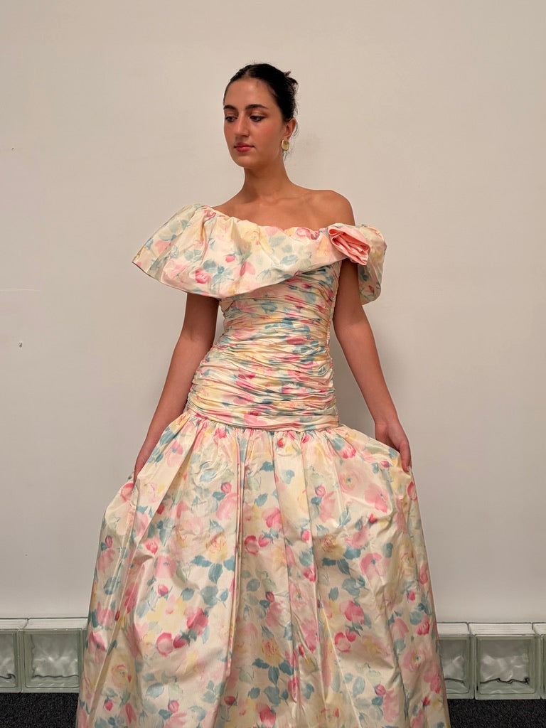 Vintage 80s rare Stephan Caras drop waist floral evening gown