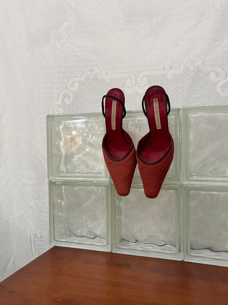 Vintage Enrico Antinori rust ponyhair slingback kitten heels