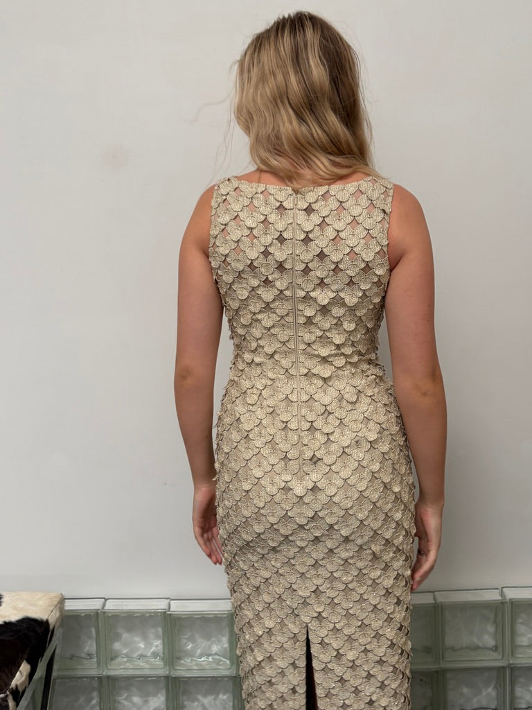 Vintage 90s couture gold laser cut high neck evening gown
