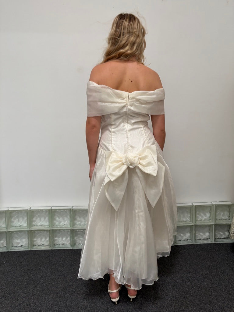 Vintage 90s basque waist organza tea length wedding dress