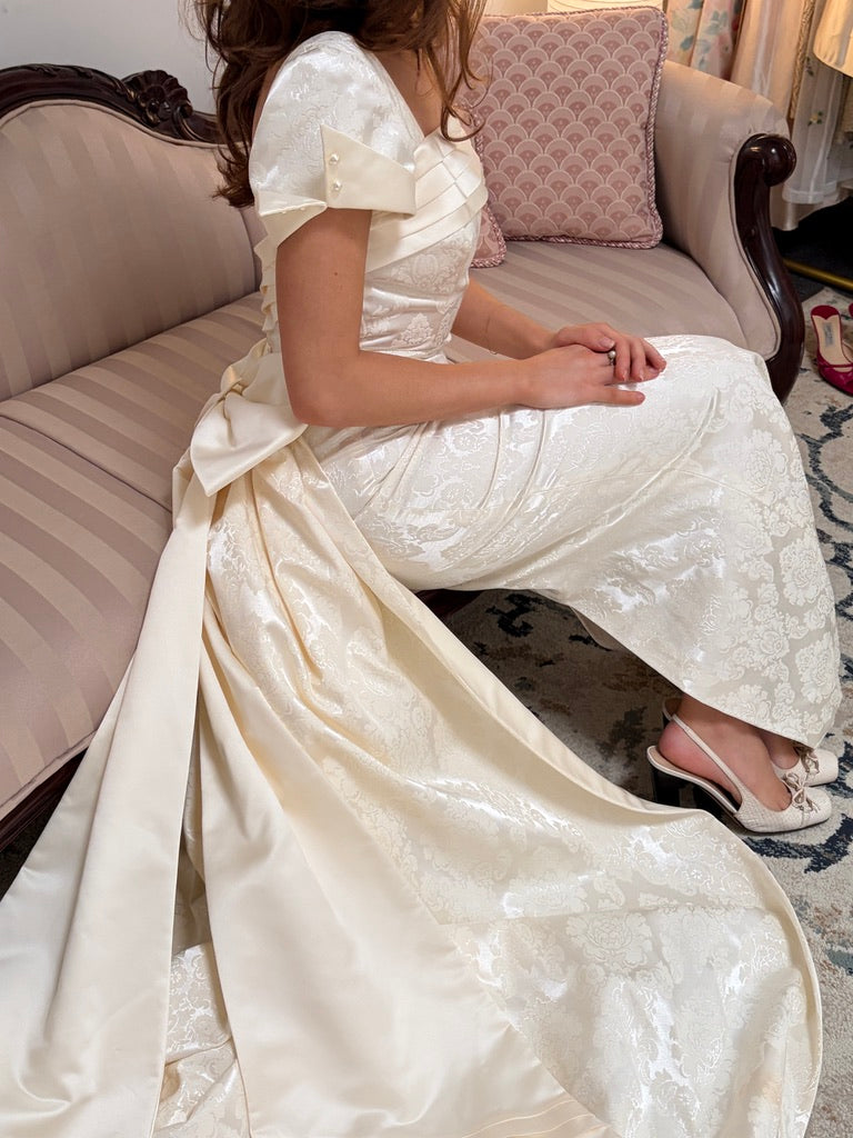 Vintage 90s jacquard column wedding dress with detachable train