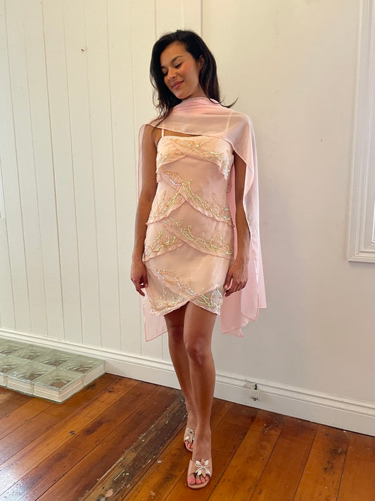 Vintage 90s baby pink silk beaded mini dress with neck scarf