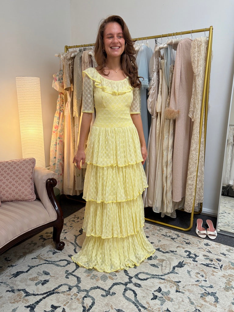 Vintage 70s lemon yellow tiered lace evening dress