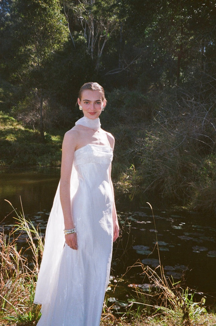 Vintage 90s strapless organza gown with neck scarf