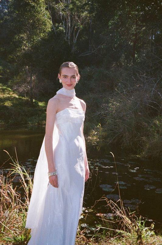 Vintage 90s strapless organza gown with neck scarf