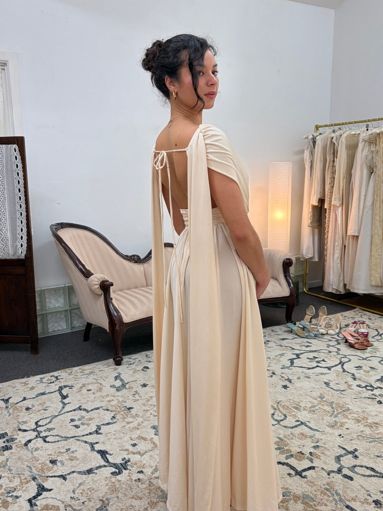 Vintage 70s cream grecian v neck gown with open back