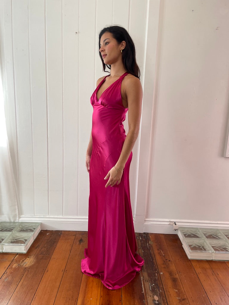 Vintage y2k Ruth Tarvydas hot pink satin evening gown