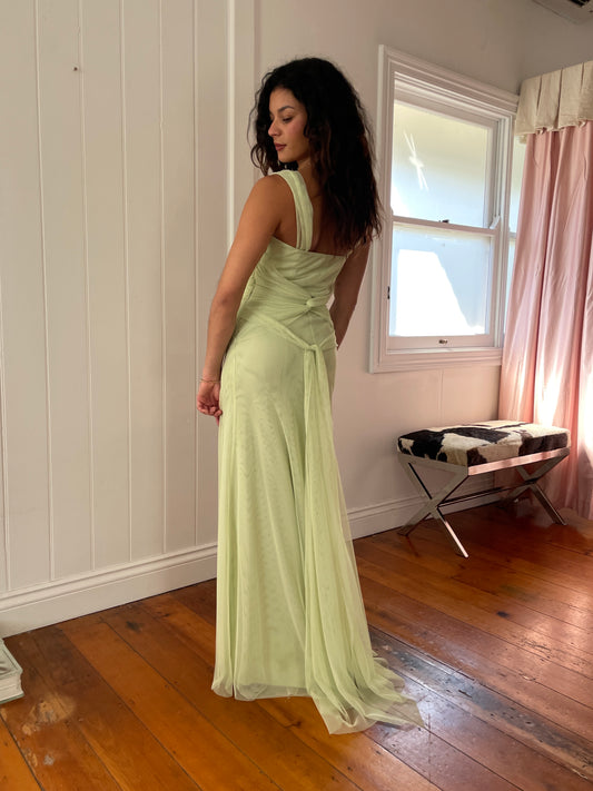 Vintage Y2K Vera Wang matcha tulle gown with tie