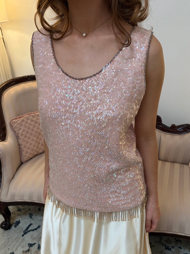 Vintage 60s pastel pink sequinned wool top with gold trim