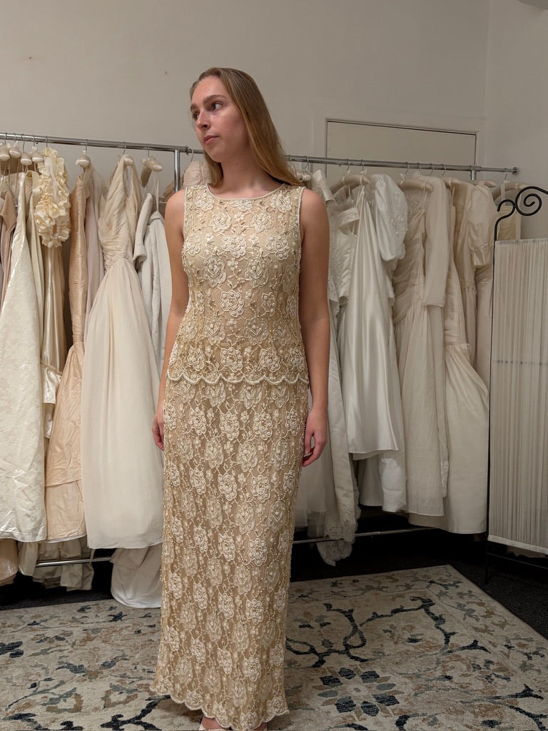 Vintage 90s high neck beaded champagne column dress