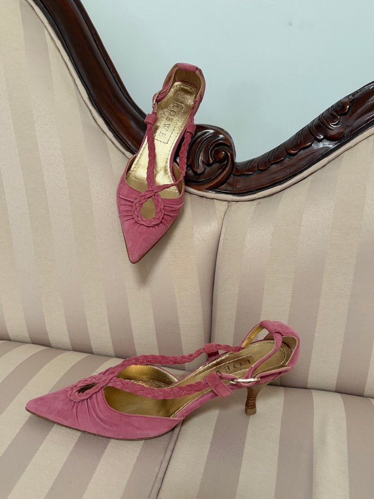 Vintage Loewe pink suede pointed toe heels with braided straps