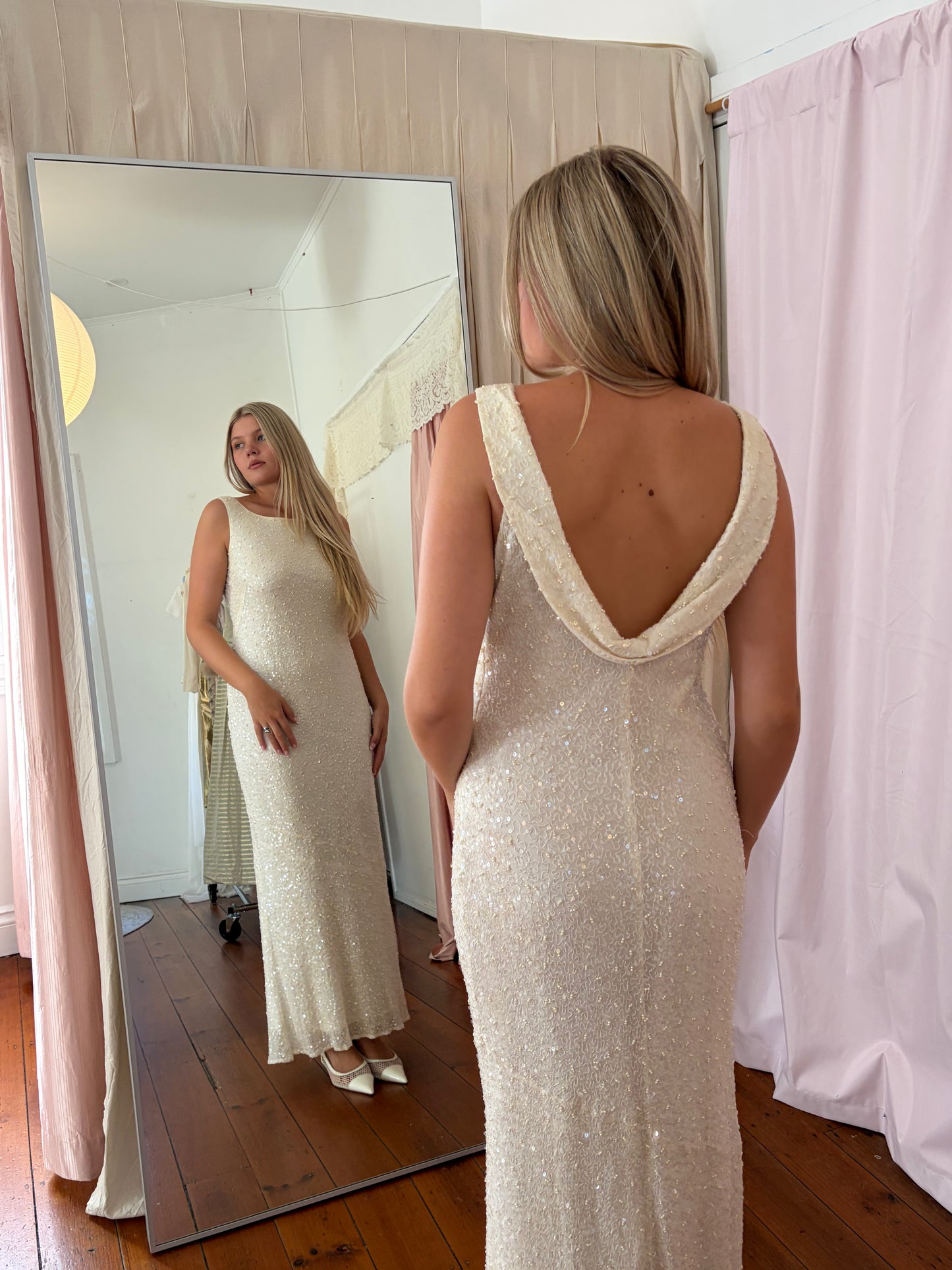 Vintage 90s silk beaded high neck gown with low back