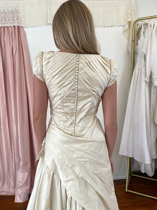 Vintage 90s silk dupion pleated high neck wedding gown