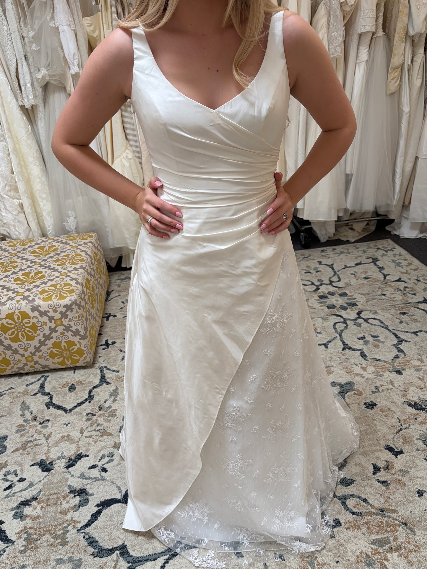 Vintage 00s V-neck draped silk taffeta lace wedding gown with train