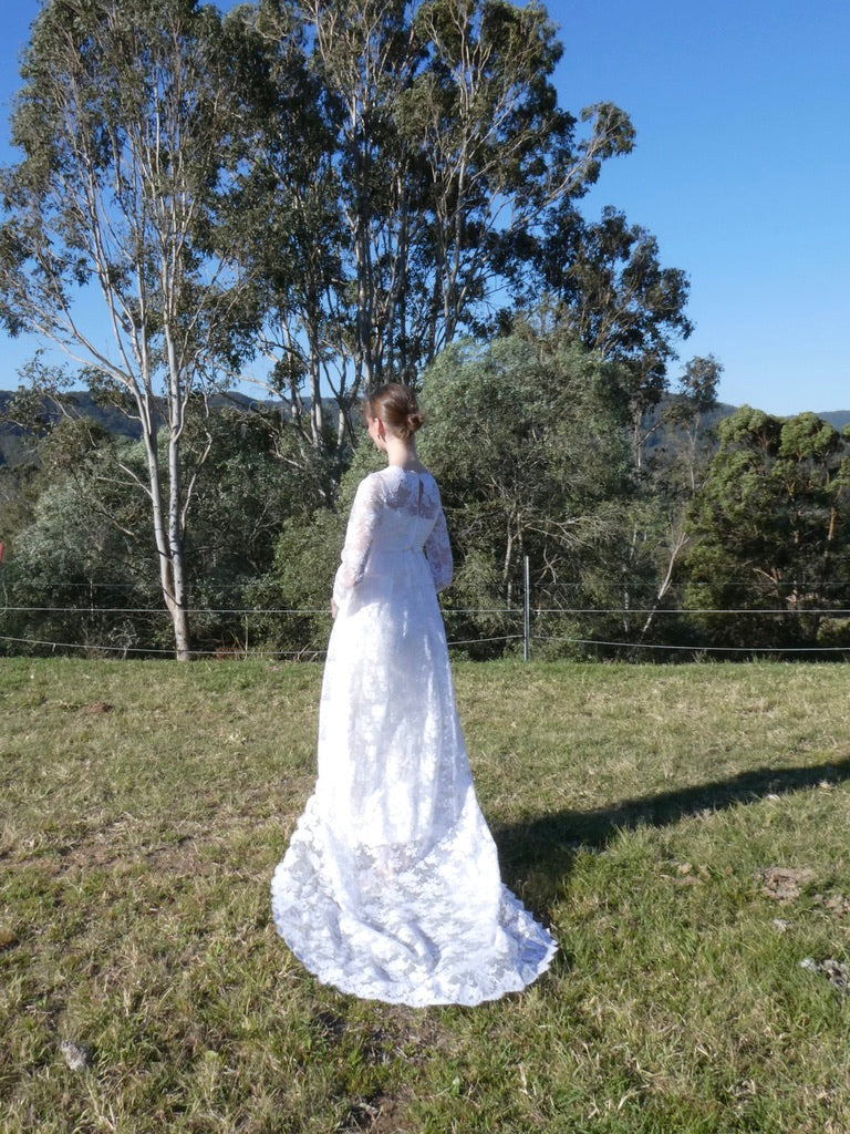 Vintage 60s long sleeve satin column gown with lace cape