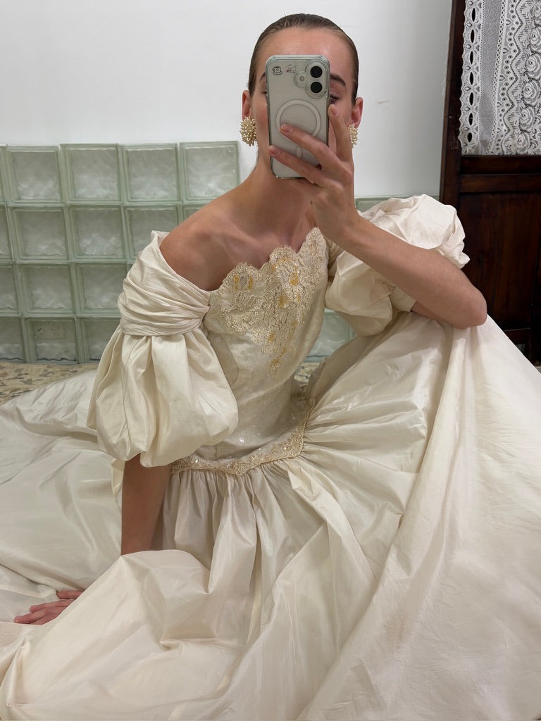 Vintage 80s silk taftetta drop waist princess wedding gown with train
