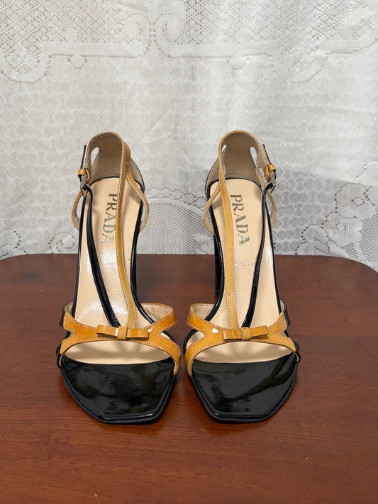 Vintage Prada patent leather strappy heels with bow