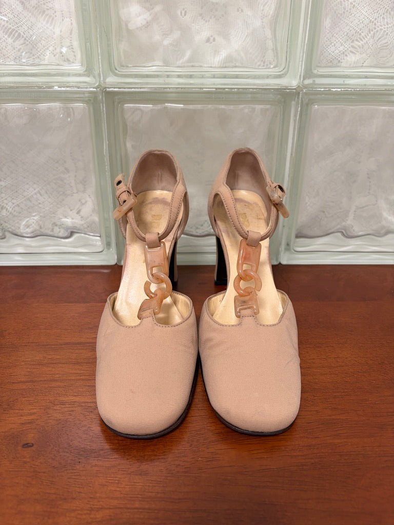 Vintage Prada beige nylon closed toe t-strap heels