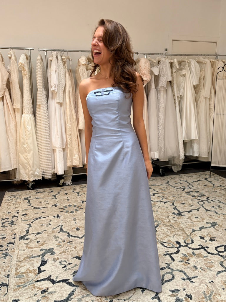 Vintage 90s blue strapless evening dress with bows