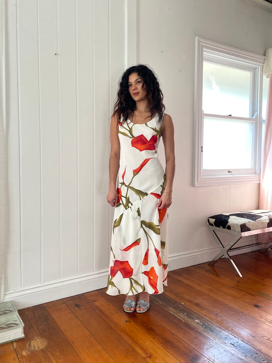 Vintage 90s white Calla Lily print maxi dress