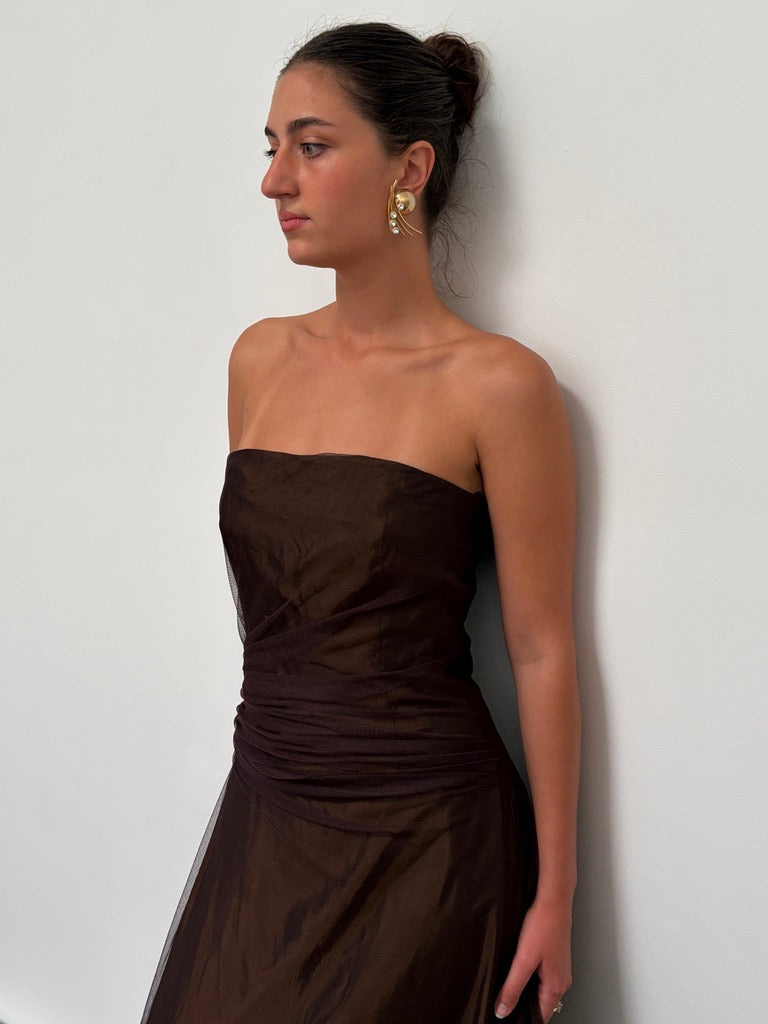 Vintage y2k Vera Wang chocolate brown strapless gathered tulle gown