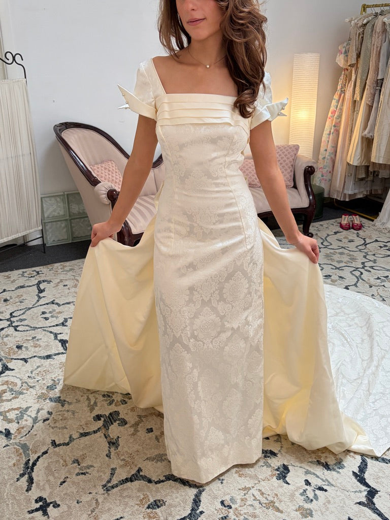 Vintage 90s jacquard column wedding dress with detachable train