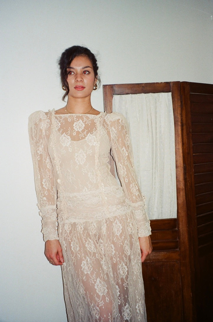 Vintage 80s drop waist long sleeve blush lace midi dress