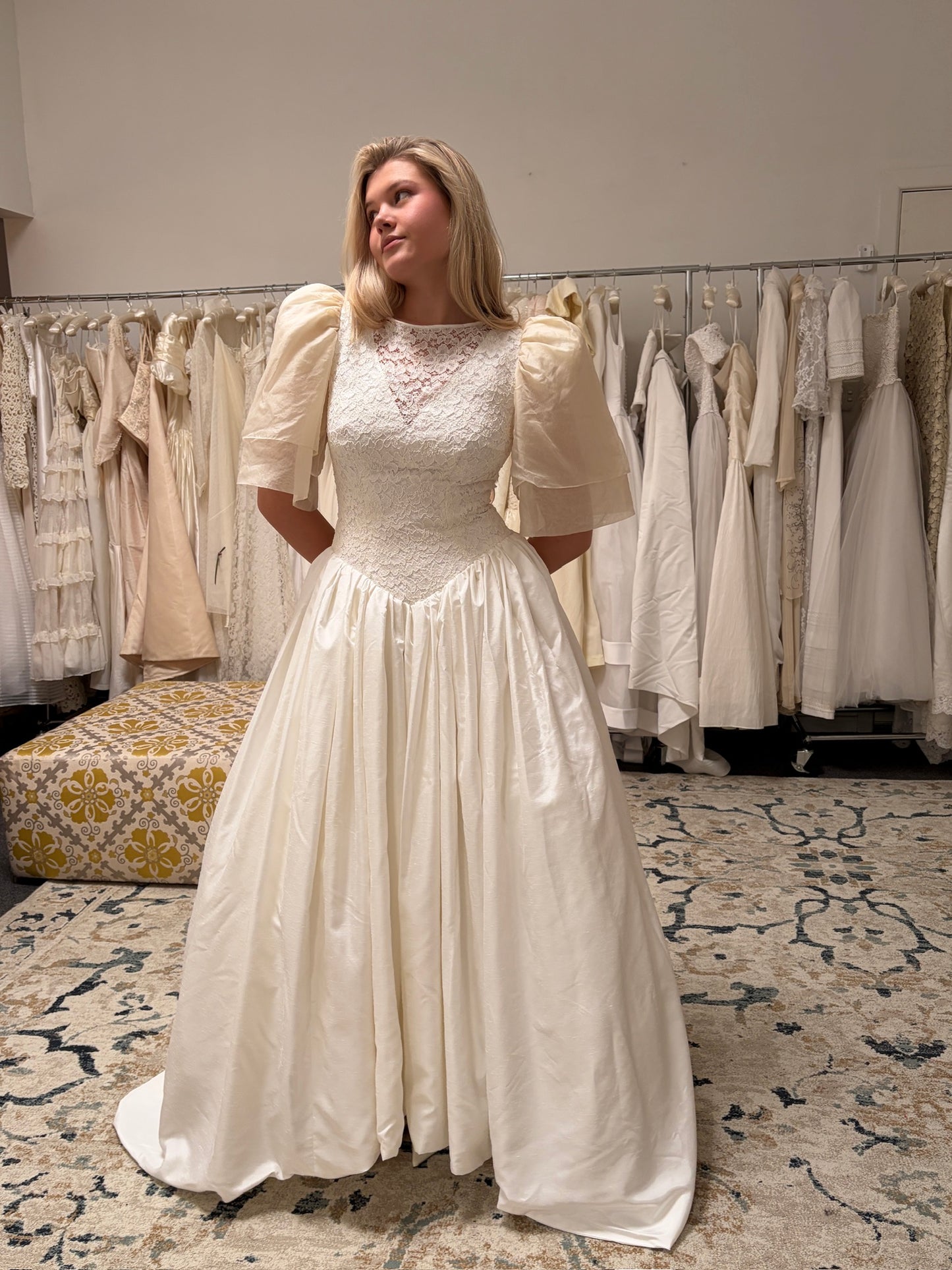 Vintage 1986 silk puff sleeve basque waist wedding dress with train