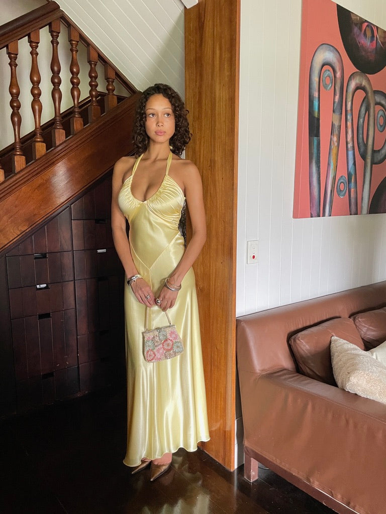 Vintage 90s lemon yellow satin halter neck evening dress