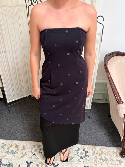 Vintage 90s black strapless evening gown with sheer overlay