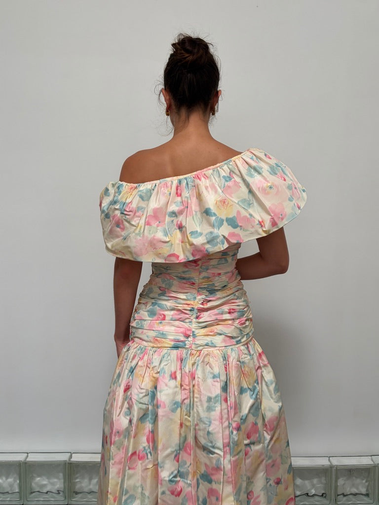 Vintage 80s rare Stephan Caras drop waist floral evening gown
