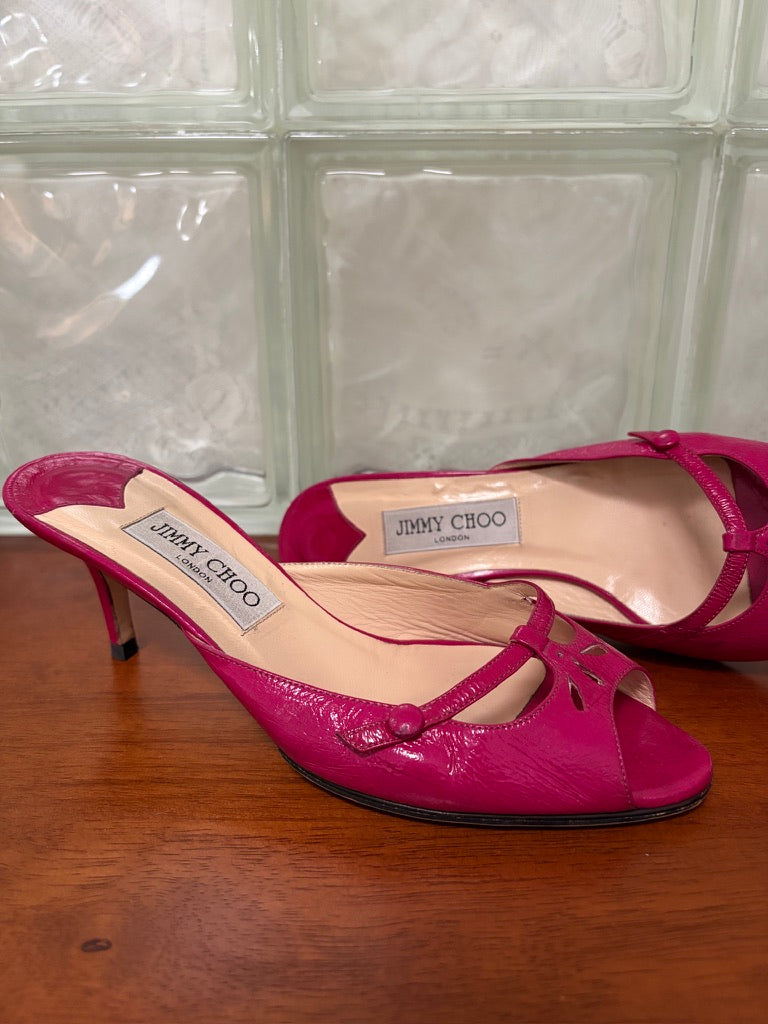 Vintage Jimmy Choo hot pink patent leather mule kitten heels