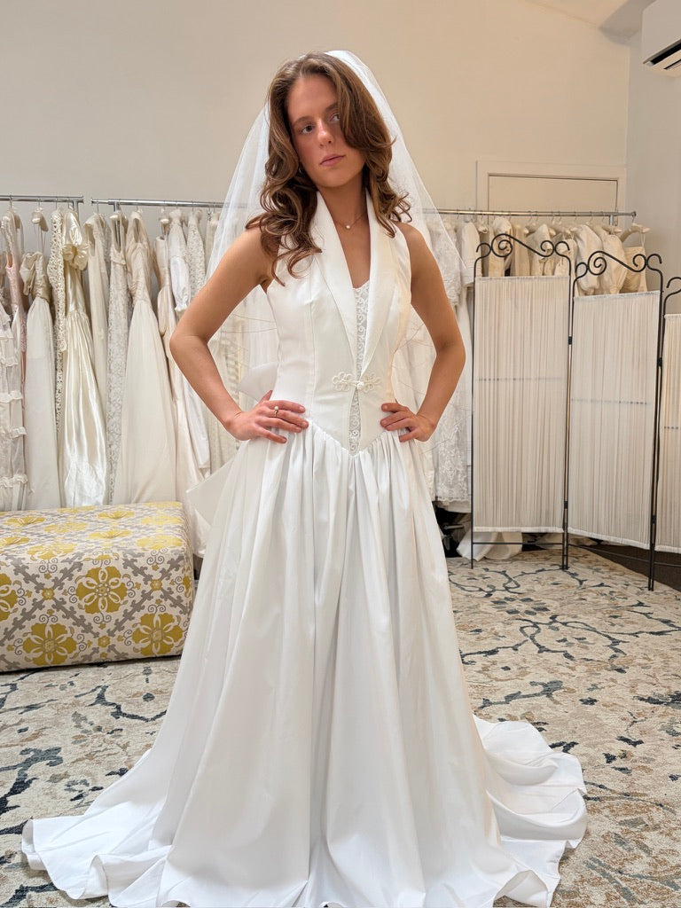 Vintage 90s taffeta basque waist halter wedding gown with train
