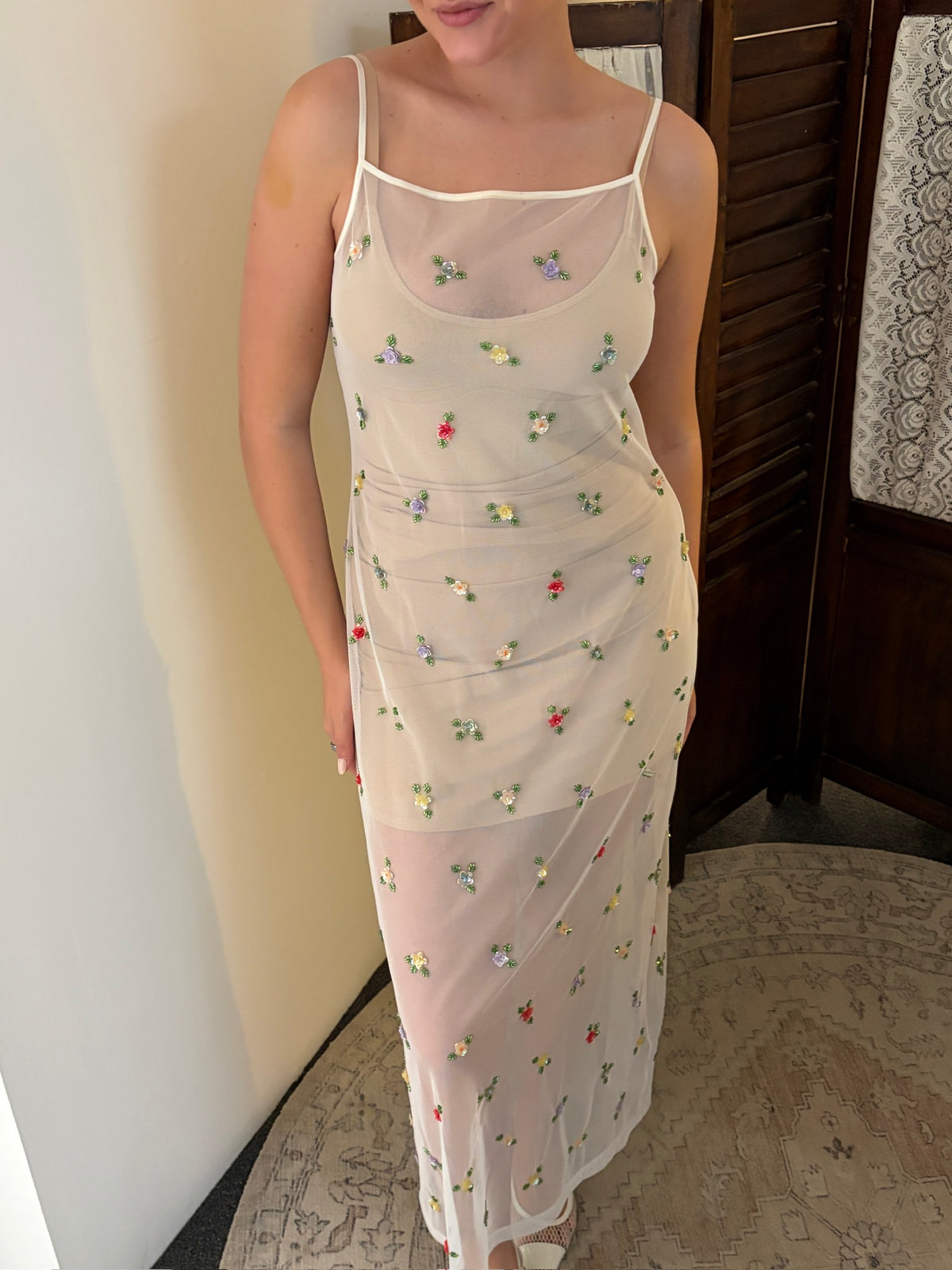 Vintage 90s ivory sheer slip dress with colourful beading
