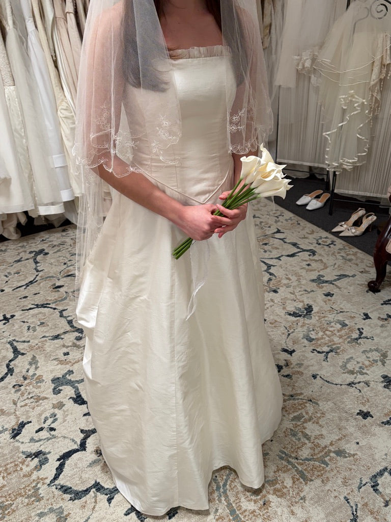 Vintage 90s pure silk dupion strapless a-line wedding dress with silk organza trim