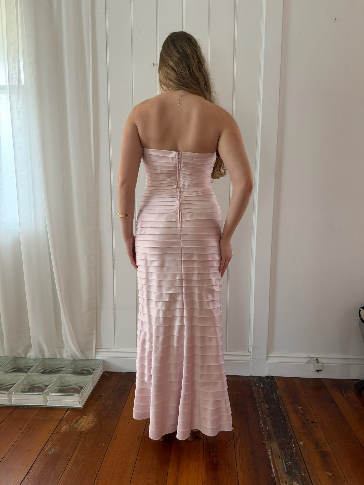 Vintage 90s Tadashi Shoji baby pink cascading pleated dress