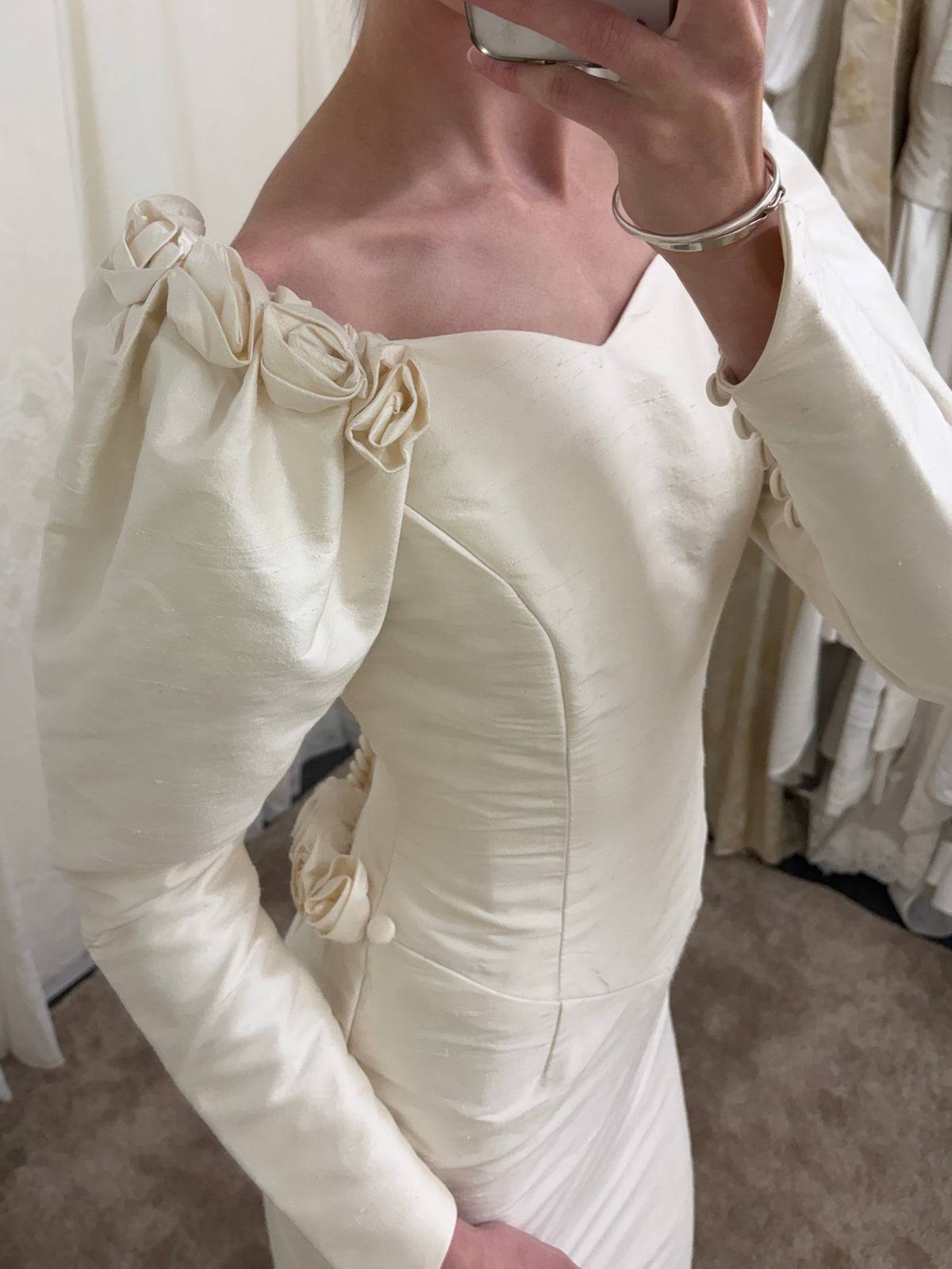 Vintage 90s silk dupion long sleeve rosette wedding gown with detachable train
