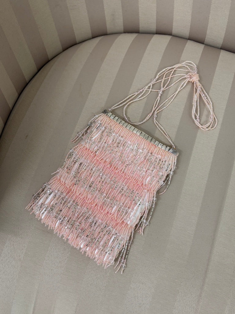 Vintage 90s pastel pink evening bag with beaded fringing