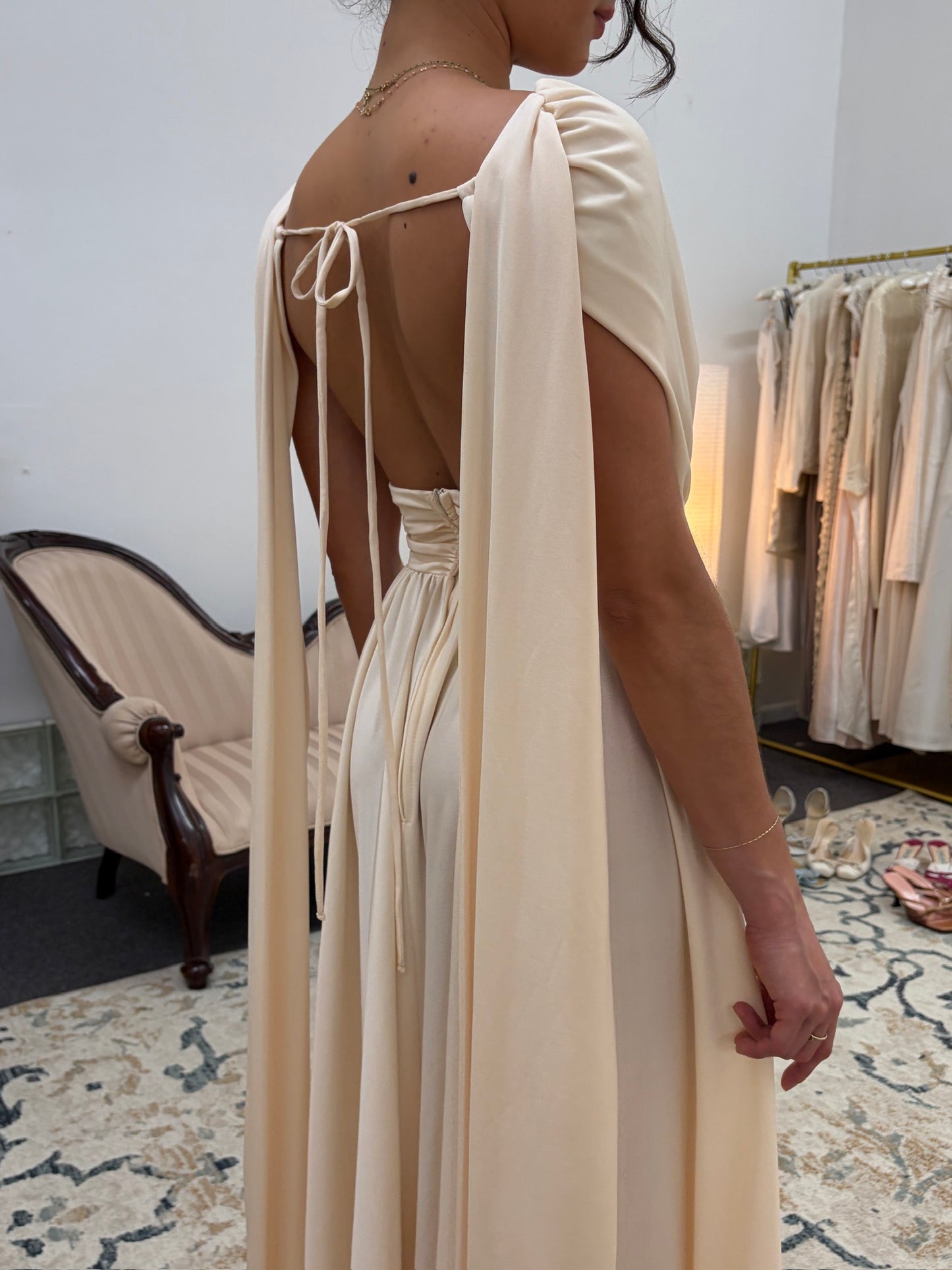 Vintage 70s cream grecian v neck gown with open back