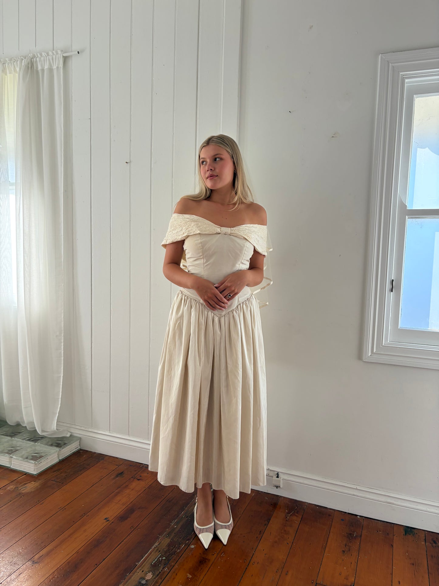 Vintage 90s cream basque waist off shoulder wedding dress