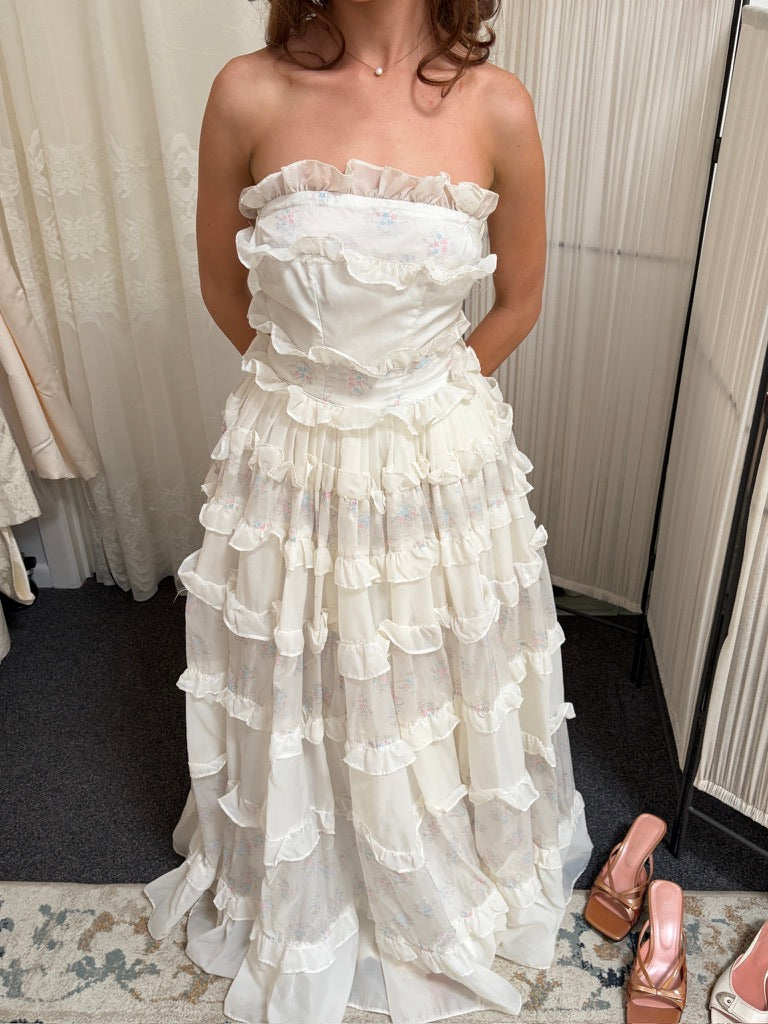 Vintage 60s ivory strapless cupcake dress with floral trim and ruffles