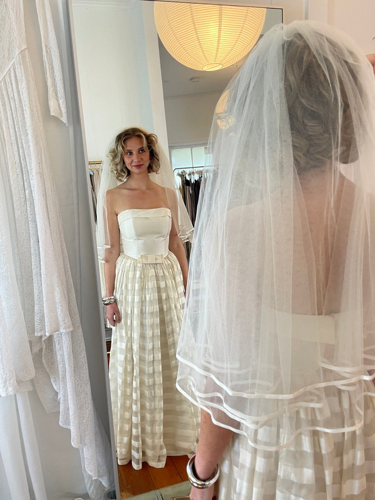 Vintage 1999 Wendy Makin Raw silk striped strapless gown