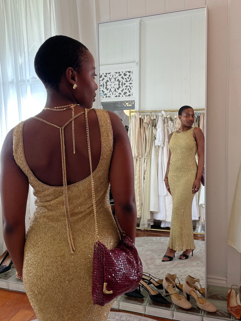 Vintage 90s gold beaded high neck evening dress with open back