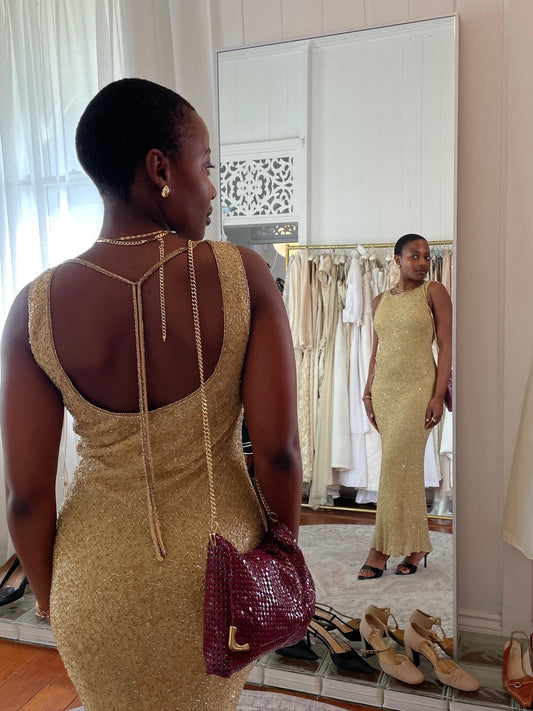 Vintage 90s gold beaded high neck evening dress with open back