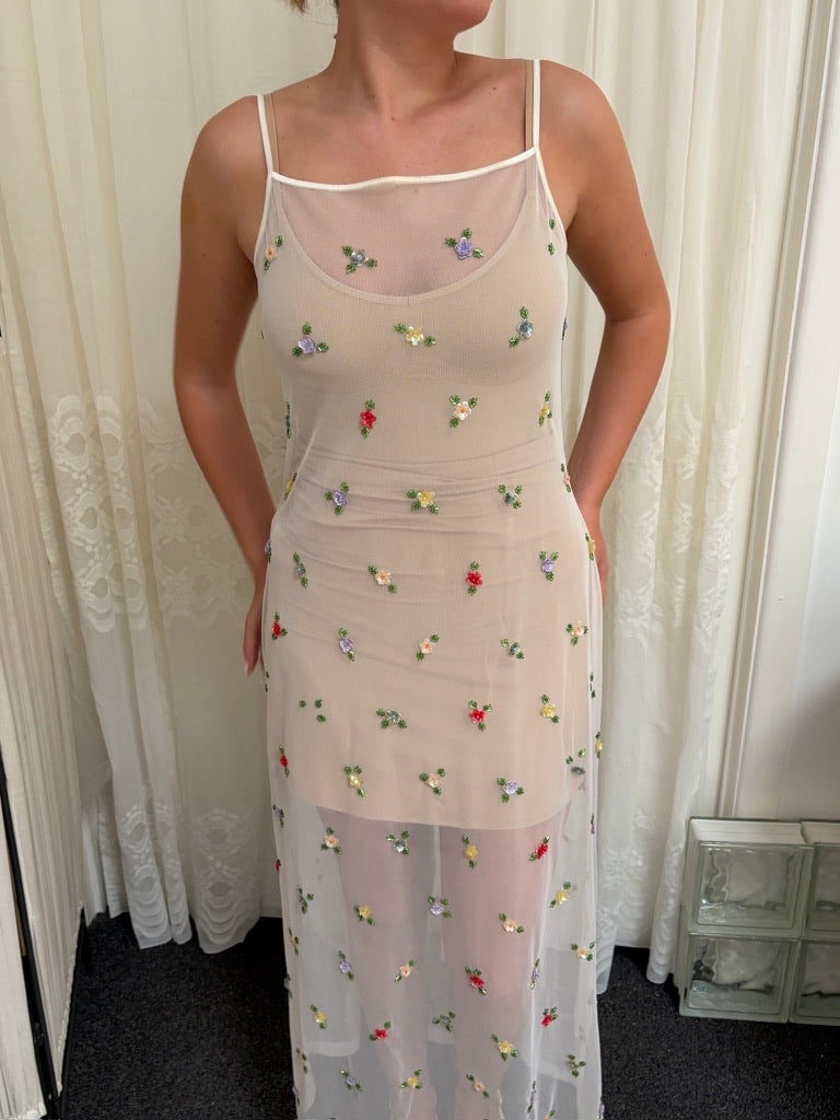 Vintage 90s ivory sheer slip dress with colourful beading
