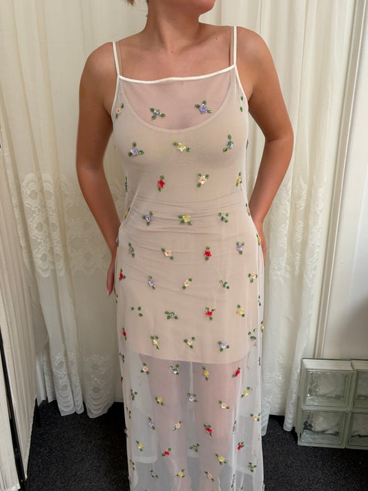 Vintage 90s ivory sheer slip dress with colourful beading