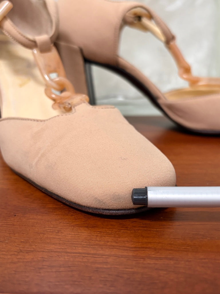 Vintage Prada beige nylon closed toe t-strap heels