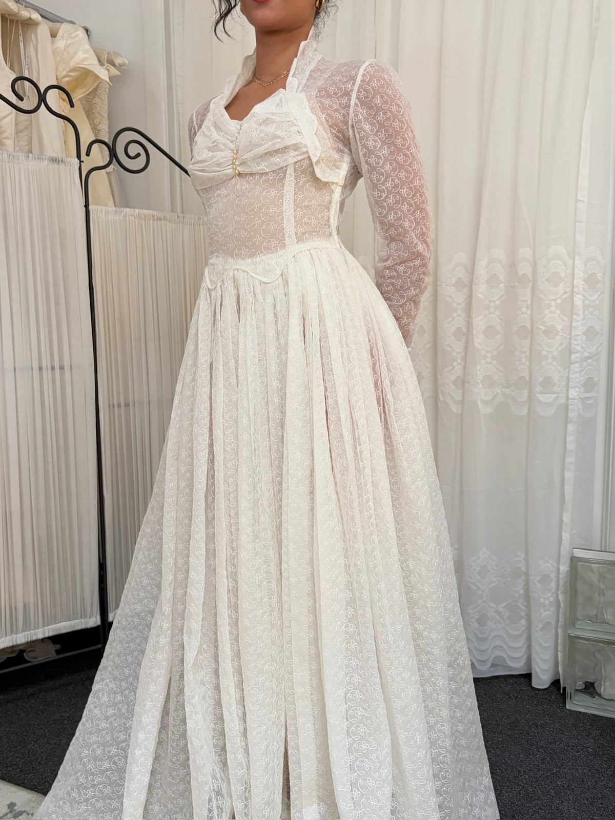 Vintage 60s long sleeve semi sheer lace high neck wedding gown