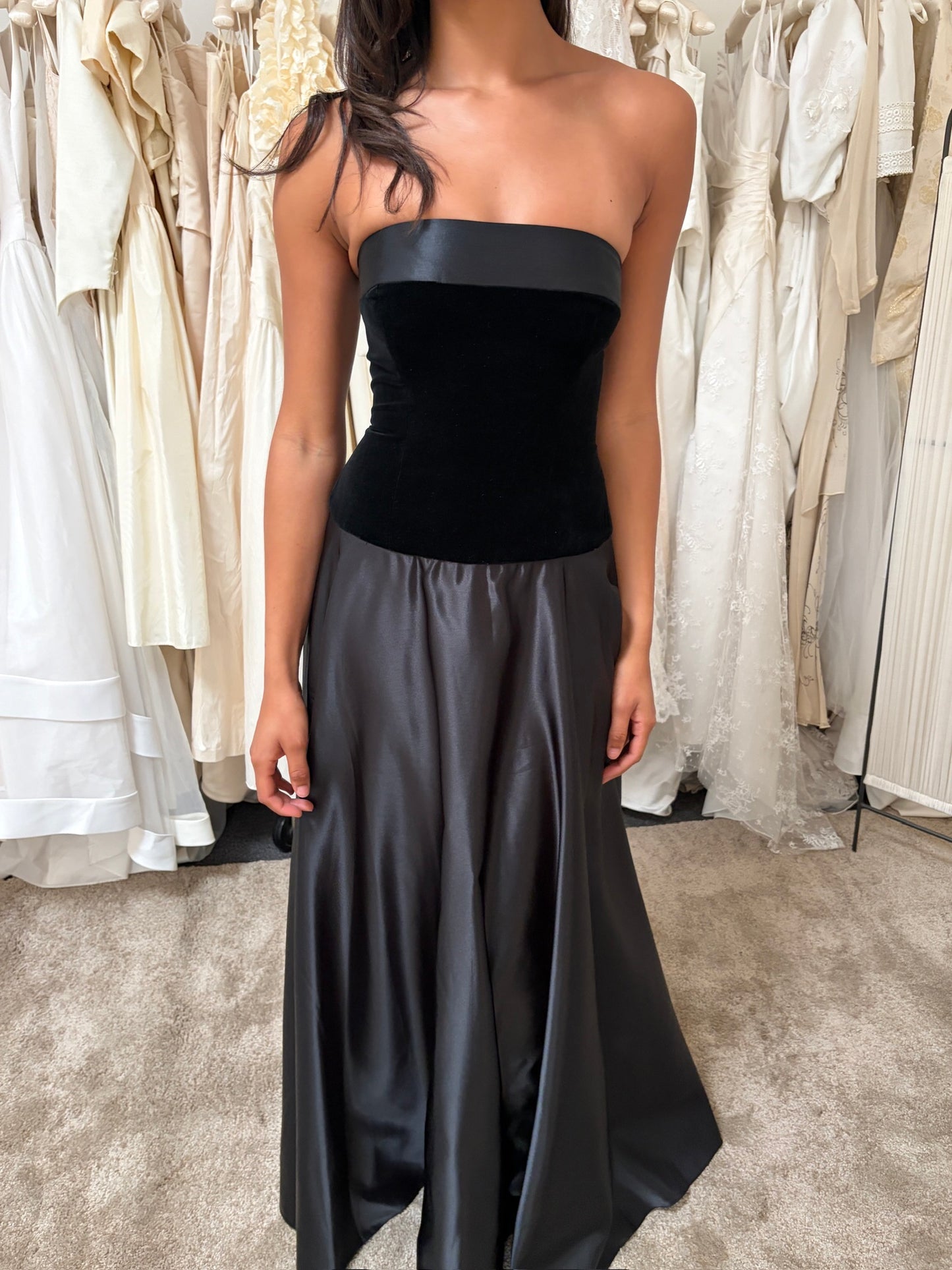 Vintage 80s Jean Allen black strapless satin velvet evening gown